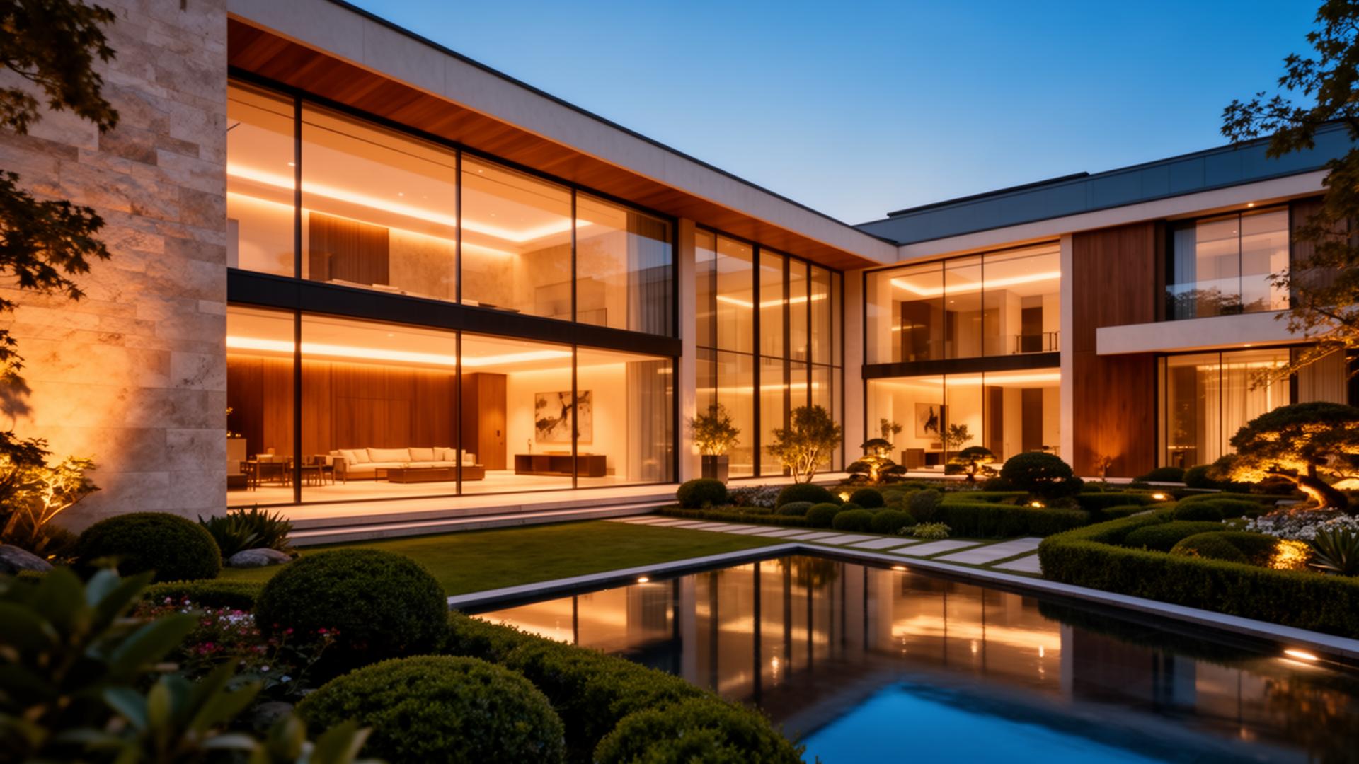 Residência de alto padrão ao entardecer — patrimônio e arquitetura sofisticada